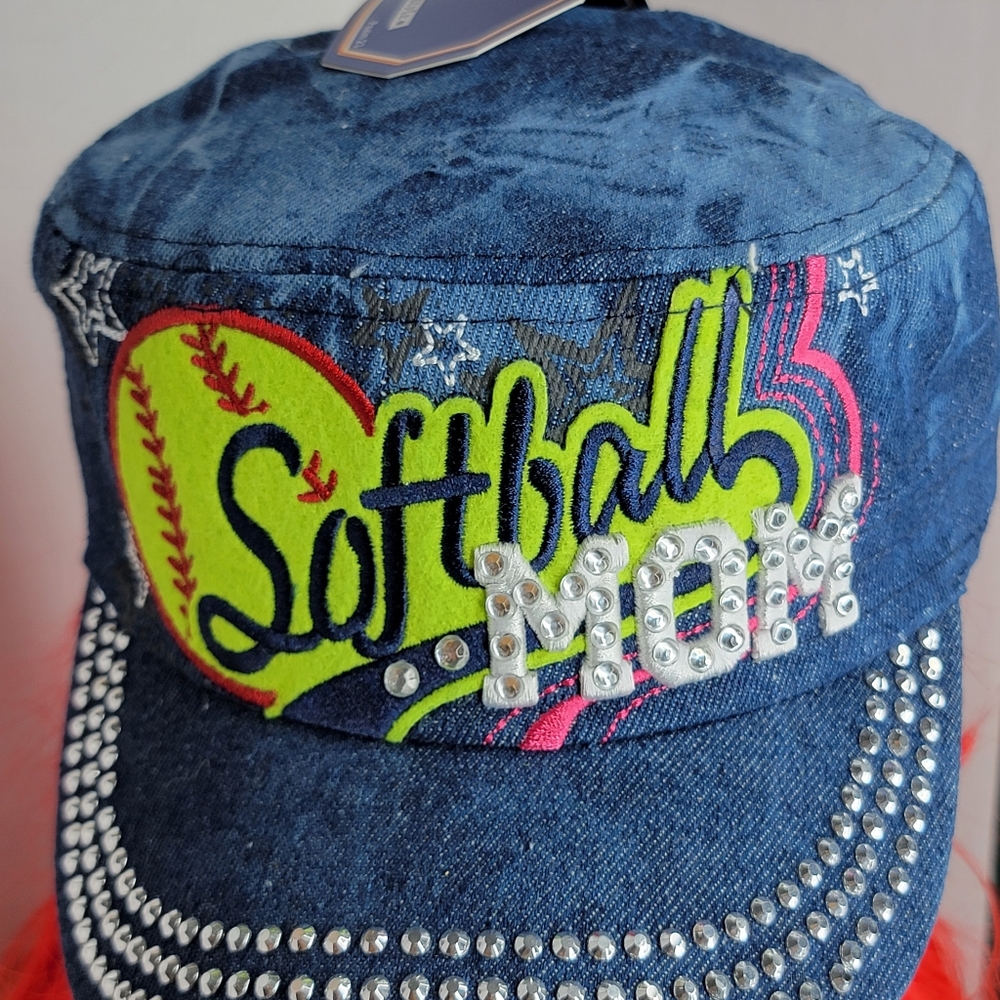 H25244 NWT Dark Blue Denim Rhinestone Softball MOM Cadet Caps